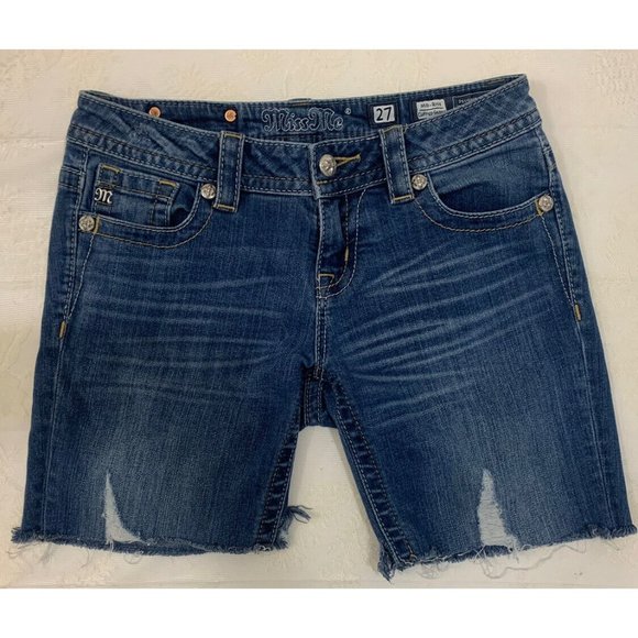 MISS ME Mid-Short Embellished Cut-Off Jean Shorts Sz 27 - Picture 12 of 12